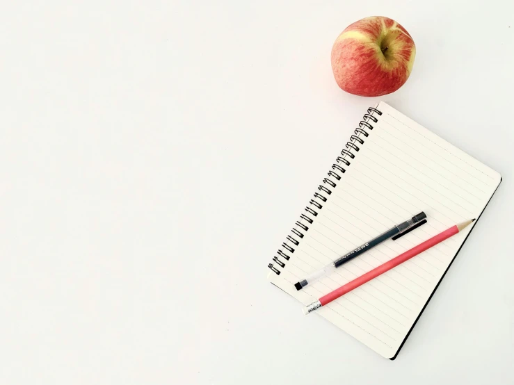 an apple, pencil and notebook on a white surface, by Gavin Hamilton, pexels, snacks, background image, 15081959 21121991 01012000 4k, thumbnail