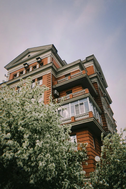 a tall brick building with trees in front of it, inspired by Konstantin Vasilyev, unsplash, art nouveau, blossoms, soviet apartment, analogue photo low quality, cinematic shot ar 9:16 -n 6 -g