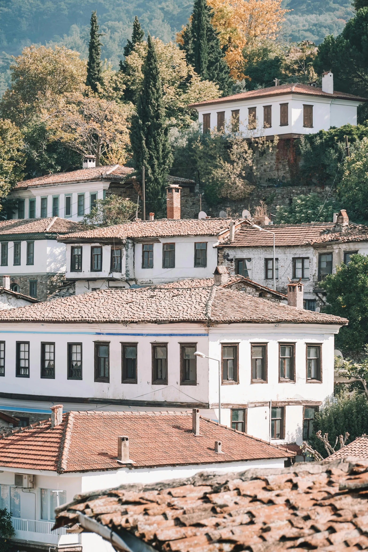 a group of buildings sitting on top of a hill, a colorized photo, inspired by Yasar Vurdem, trending on unsplash, renaissance, tiled roofs, white, square, colonial