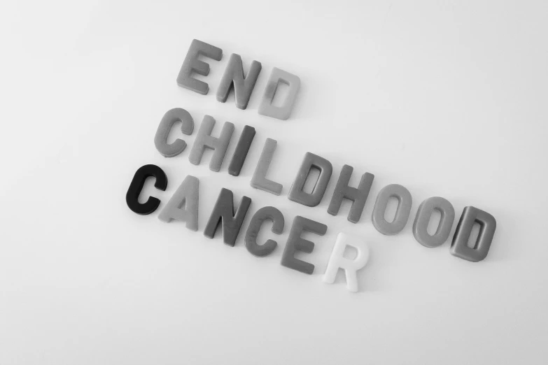 a sign that says end childhood cancer, by Emma Andijewska, pixabay, ☁🌪🌙👩🏾, made out of shiny white metal, phlegm, olafur eliasson