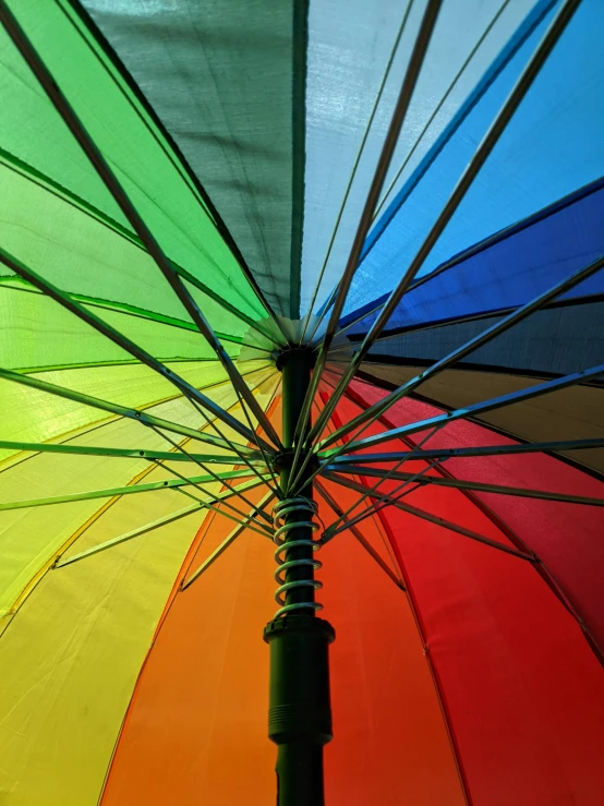 a close up of a rainbow colored umbrella, by Jan Rustem, unsplash, 2 5 6 colours, album cover, seasonal