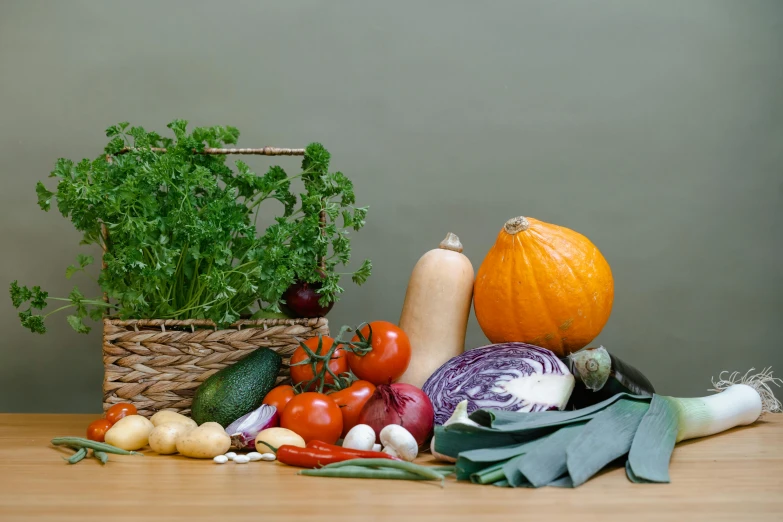 a table topped with lots of different types of vegetables, a still life, unsplash, portrait image, autumnal, grey, slide show