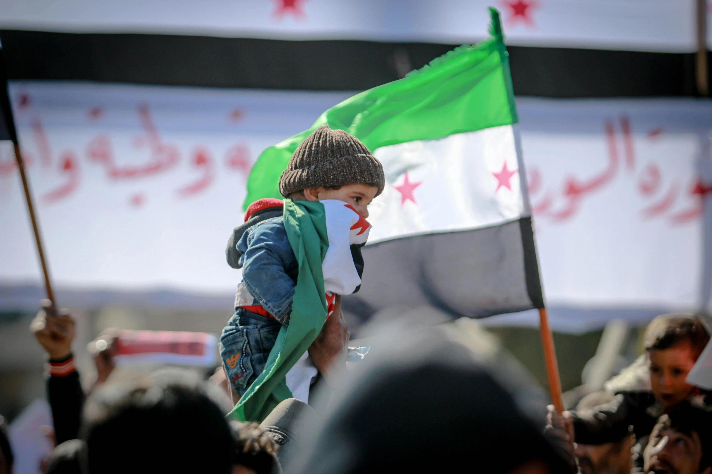 a young boy holding a flag in front of a crowd, hurufiyya, profile image, highlight, square, a green