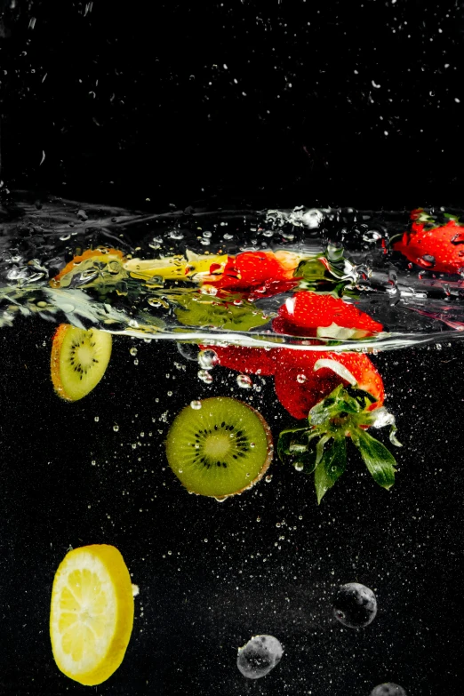 strawberries and kiwi are falling into the water, a still life, by Matthias Stom, pexels, multiple stories, thumbnail, 8l, sunken