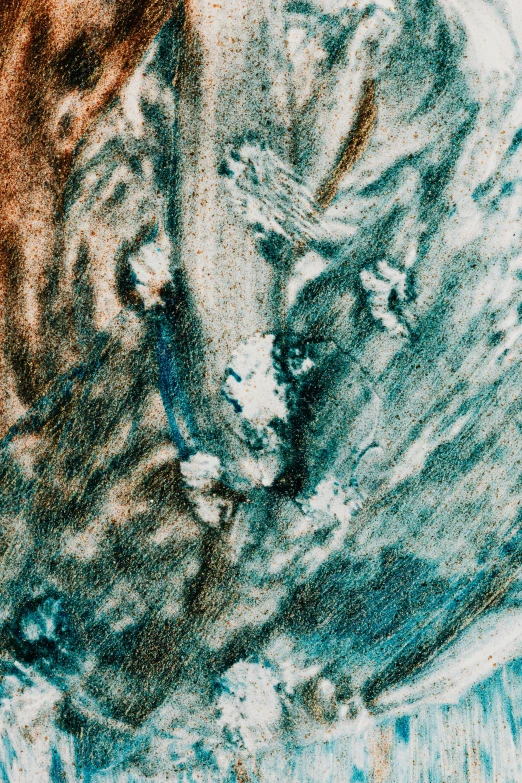 a drawing of a man riding a wave on a surfboard, a microscopic photo, inspired by Anna Füssli, trending on unsplash, lyrical abstraction, detail texture, brown and cyan blue color scheme, dutch angle from space view, dust clouds | homoerotic