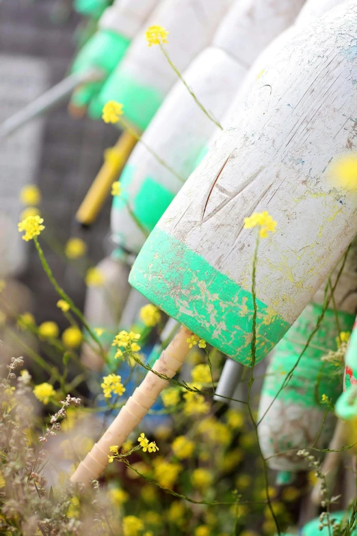 a row of buoys sitting on the side of a road, a picture, inspired by Childe Hassam, unsplash, land art, yellow flowers, green neon details, closeup of arms, gardening