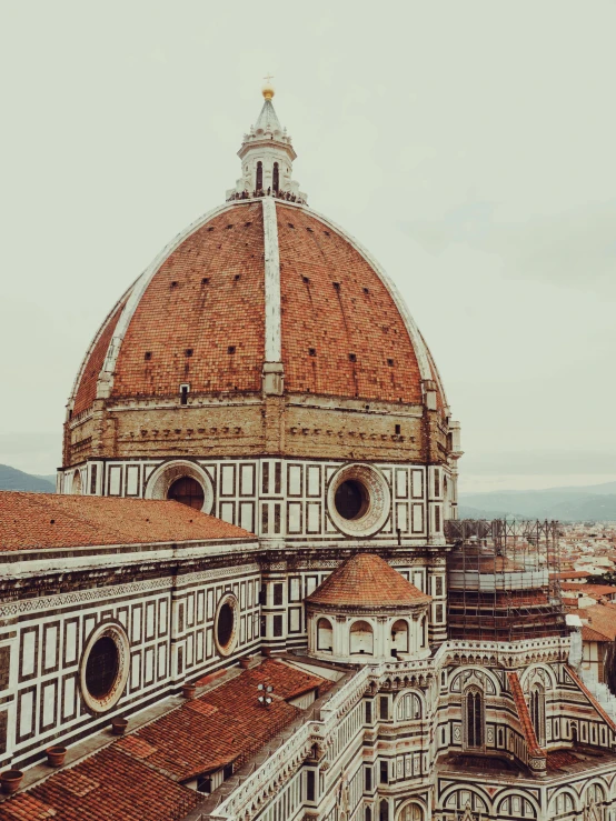 the dome of the cathedral of santa maria in florence, italy, inspired by Michelangelo Buonarotti, pexels contest winner, 💋 💄 👠 👗, high view, moody aesthetic, promo image