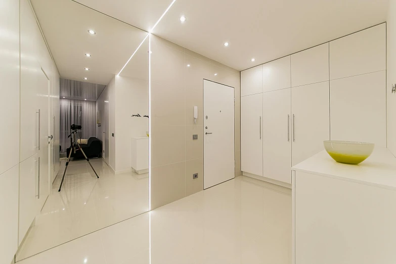 a yellow bowl sitting on top of a white counter, a picture, by Adam Marczyński, pexels contest winner, light and space, apartment hallway, led light strips, all white render, no two rooms are identical. 4k