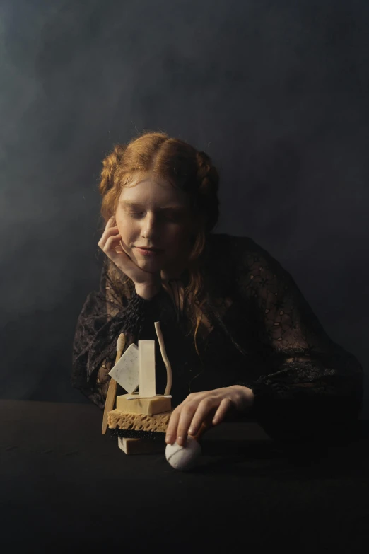 a woman sitting at a table talking on a cell phone, a surrealist sculpture, inspired by Anna Füssli, unsplash contest winner, sullen old maid ( redhead, holding a wood piece, portrait of a sunken ship, nadav kander