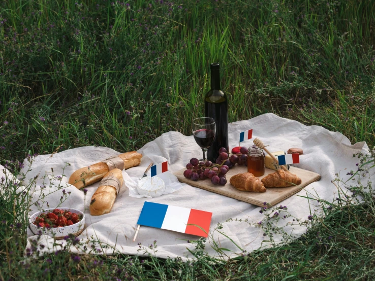 a picnic blanket sitting on top of a grass covered field, inspired by Jules Bastien-Lepage, unsplash, figuration libre, flags, baking french baguette, themed after wine, visa pour l'image