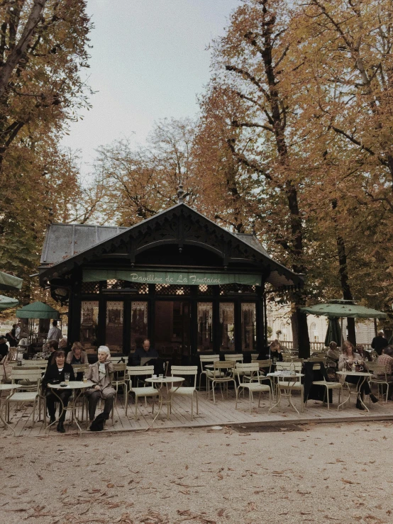 a group of people sitting at tables in a park, a photo, by Emma Andijewska, trending on unsplash, art nouveau, very smoky paris bar, seasons!! : 🌸 ☀ 🍂 ❄, seen from outside, autumnal