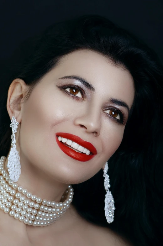a close up of a woman wearing a necklace and earrings, an album cover, inspired by Cristache Gheorghiu, dramatic smile pose, lipstick, shohreh aghdashloo, digital rendering