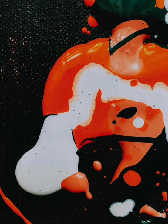 a close up of a plate of food on a table, an airbrush painting, inspired by Taro Yamamoto, reddit, abstract expressionism, tangerine dream album cover, splattered goo, made of smooth black goo, oil on canevas