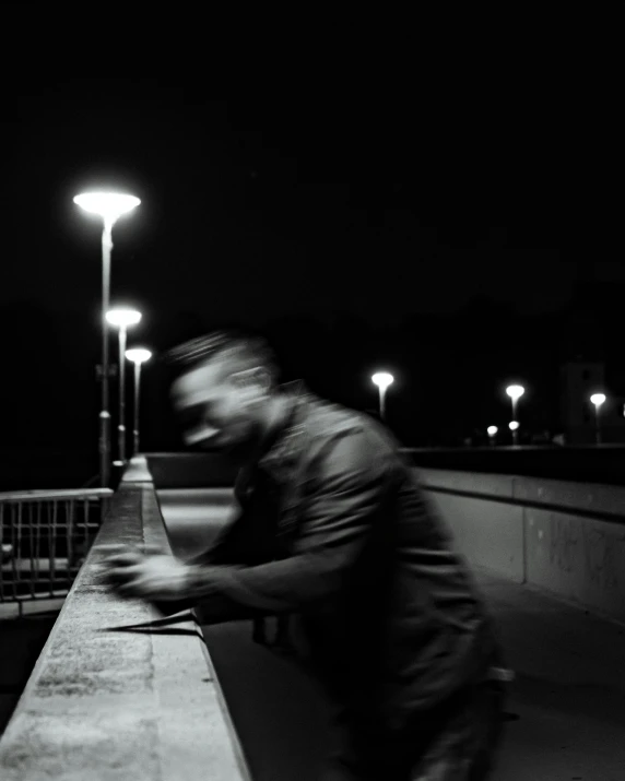 a black and white photo of a man on a skateboard, inspired by Louis Faurer, pexels contest winner, happening, moody night time scene, on a bridge, pondering, profile picture