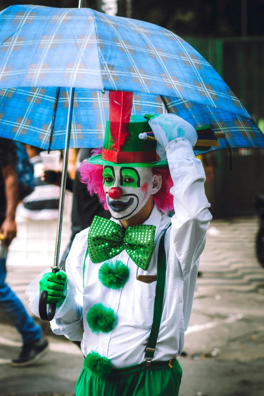 a man dressed as a clown holding an umbrella, pexels contest winner, green hat, square, cutecore clowncore, multiple stories