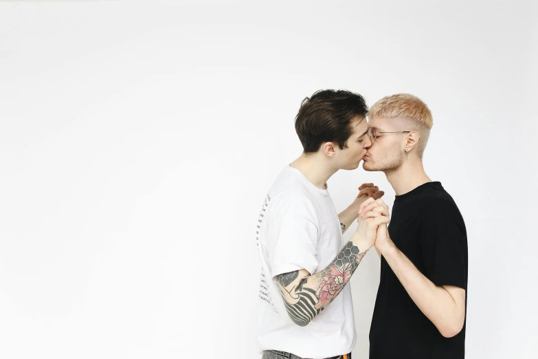 a couple of men standing next to each other, pexels, antipodeans, extremely pale, kissing together cutely, julian ope, lookbook