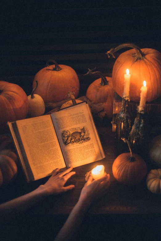 a person reading a book while surrounded by pumpkins, pexels, vanitas, lit up in a dark room, promo image, multiple stories, ritual occult gathering