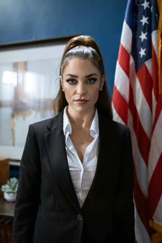 a woman standing in front of an american flag, wearing a suit and a tie, sasha grey, 2019 trending photo, security agent