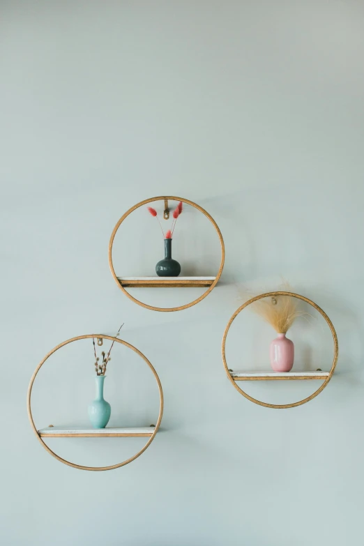 a couple of shelves mounted to the side of a wall, a picture, by Jan Tengnagel, trending on unsplash, kinetic art, gold gilded circle halo, lovely pastel colors, ikebana, tiny sticks