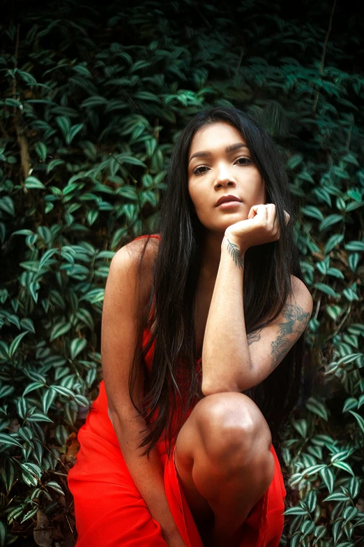 a woman in a red dress posing for a picture, an album cover, pexels contest winner, sumatraism, yakuza slim girl, gemma chan, sensual and beautiful incubus, lush green