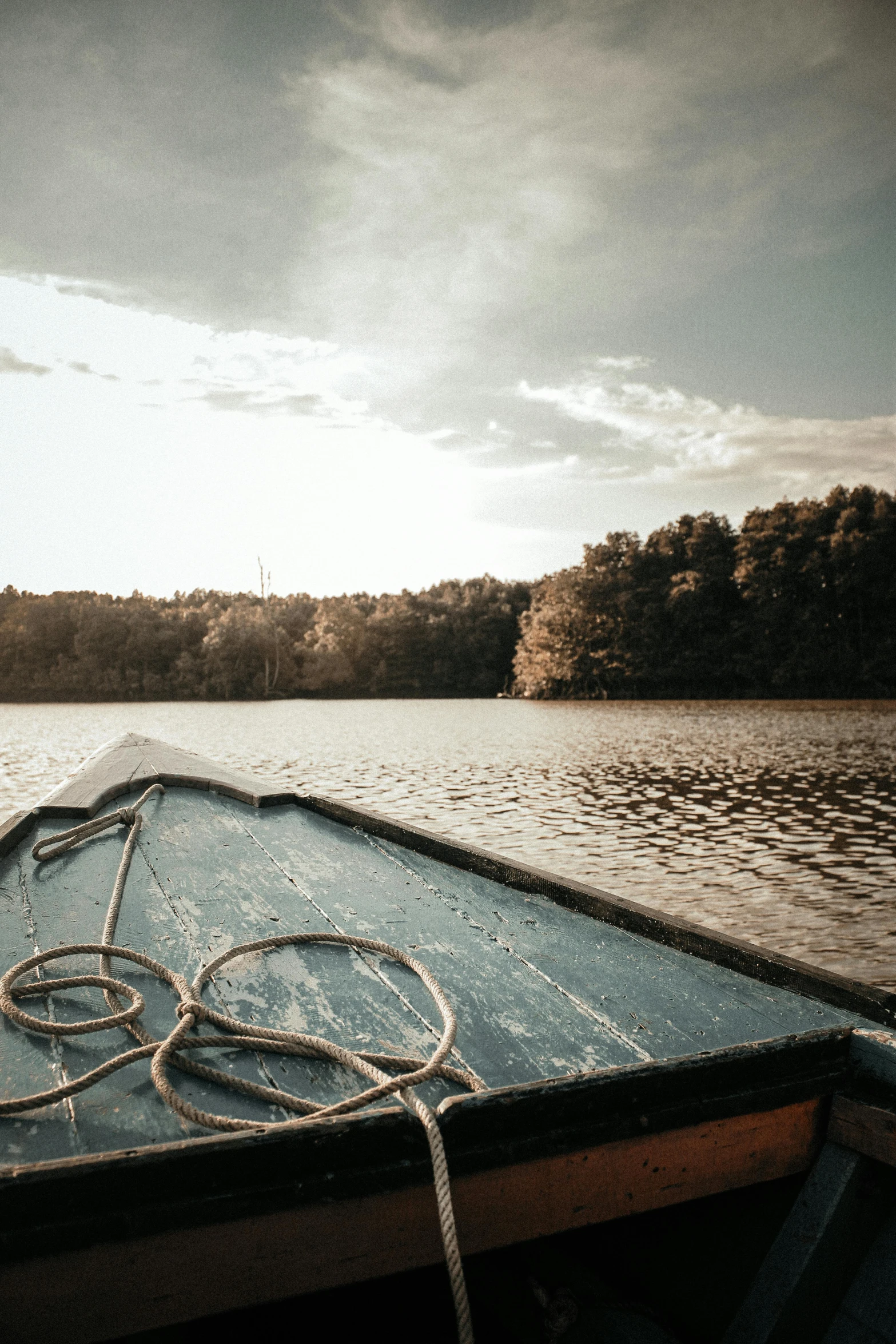 a boat sitting on top of a lake next to a forest, body of water, afternoon, evening time