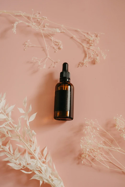 a bottle of essential oil on a pink background, by Andries Stock, trending on pexels, black fine lines on warm brown, collection product, hemp, thumbnail