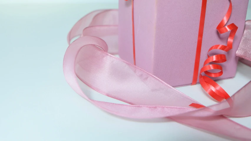 a pink gift box sitting on top of a table, wide ribbons, close up face detail, clear curvy details, detailed product image