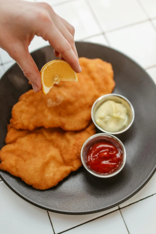 a close up of a plate of food with condiments, battered, two hands reaching for a fish, square, ekaterina