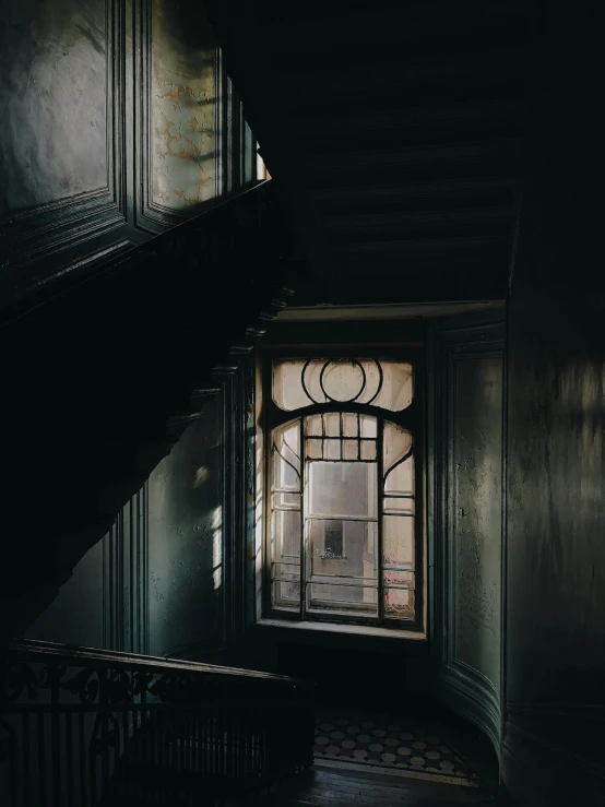 a staircase in a dark room next to a window, inspired by Elsa Bleda, unsplash contest winner, art nouveau, ignant, large windows to french town, dishonored aesthetic, an escape room in a small