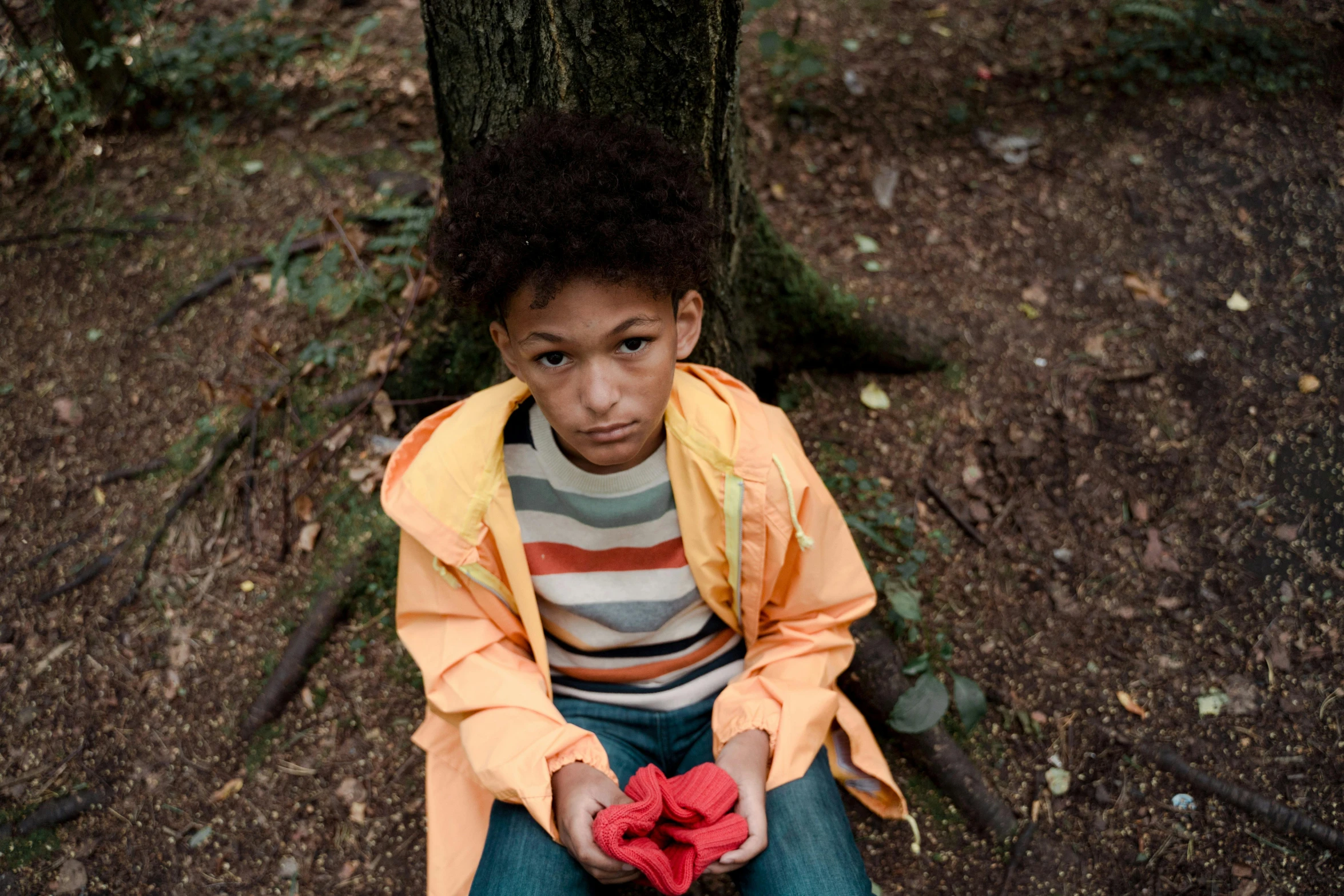 a young boy sitting on a bench in the woods, pexels, visual art, portrait of willow smith, holding an apple, heartbroken, wearing red and yellow clothes