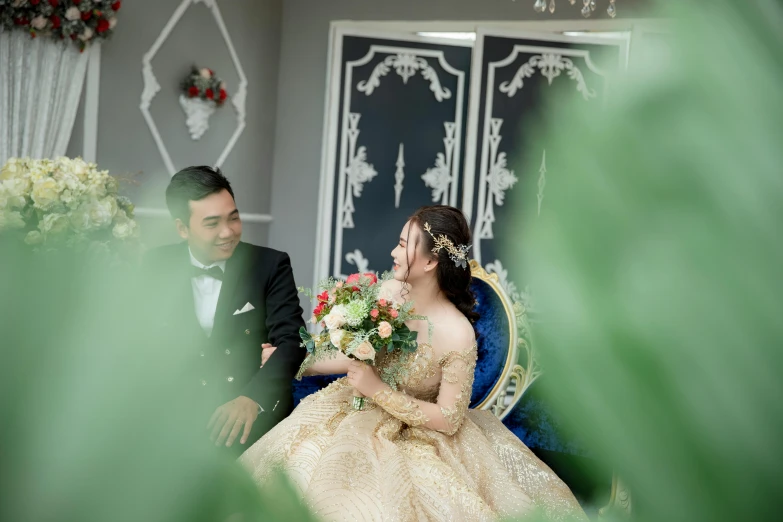 a woman in a wedding dress sitting next to a man in a tuxedo, rococo, phuoc quan, profile image, thumbnail, high quality image