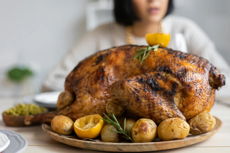 a woman sitting at a table with a turkey and potatoes, pexels contest winner, close up shot from the side, charred, 🦩🪐🐞👩🏻🦳, angled shot