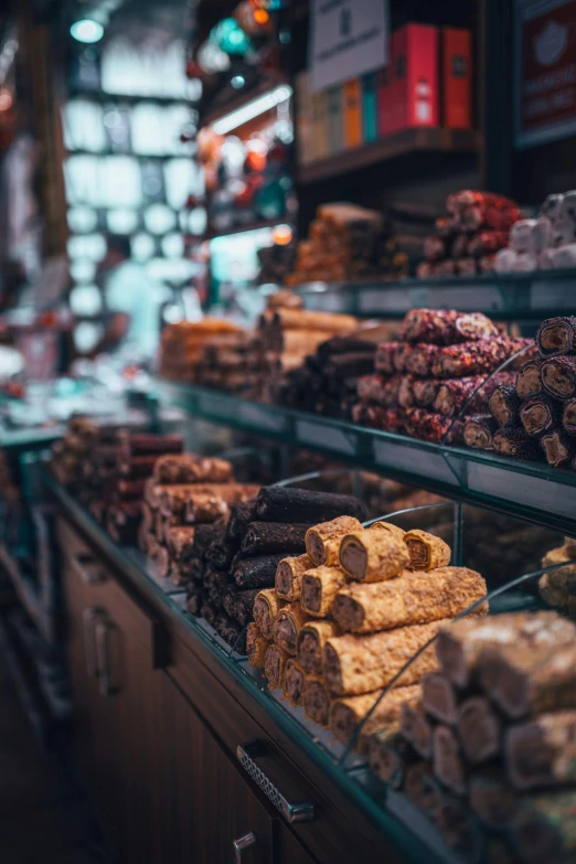 a display case filled with lots of different types of food, a tilt shift photo, pexels, renaissance, caramel, thumbnail, square, turkey