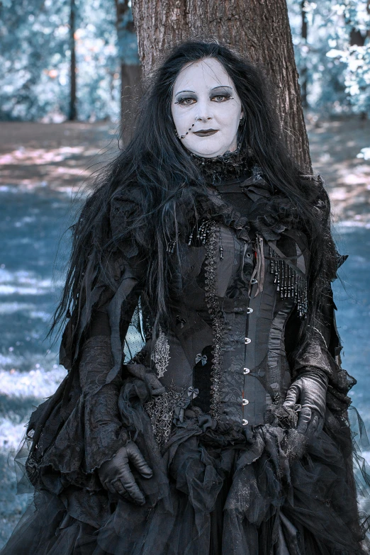 a woman in a black dress standing next to a tree, flickr, gothic art, with black metal face paint, dressed in a frilly ((ragged)), vests and corsets, photograph taken in 2 0 2 0
