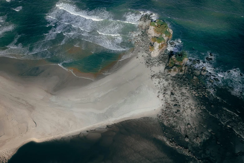 a large body of water next to a sandy beach, by Daniel Lieske, pexels contest winner, land art, new zeeland, bird's eye, crashing waves, tooth wu : : quixel megascans