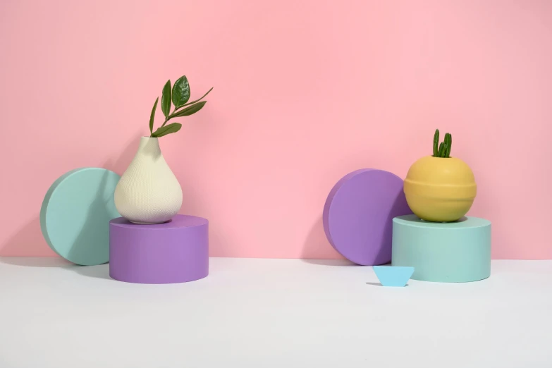 a couple of vases sitting on top of a table, inspired by Russell Dongjun Lu, plasticien, pastel colourful 3 d, high quality product photo, large props, single object scene