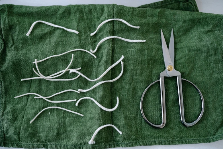 a pair of scissors sitting on top of a green cloth, dezeen, lasso tool, linen, one disassembled