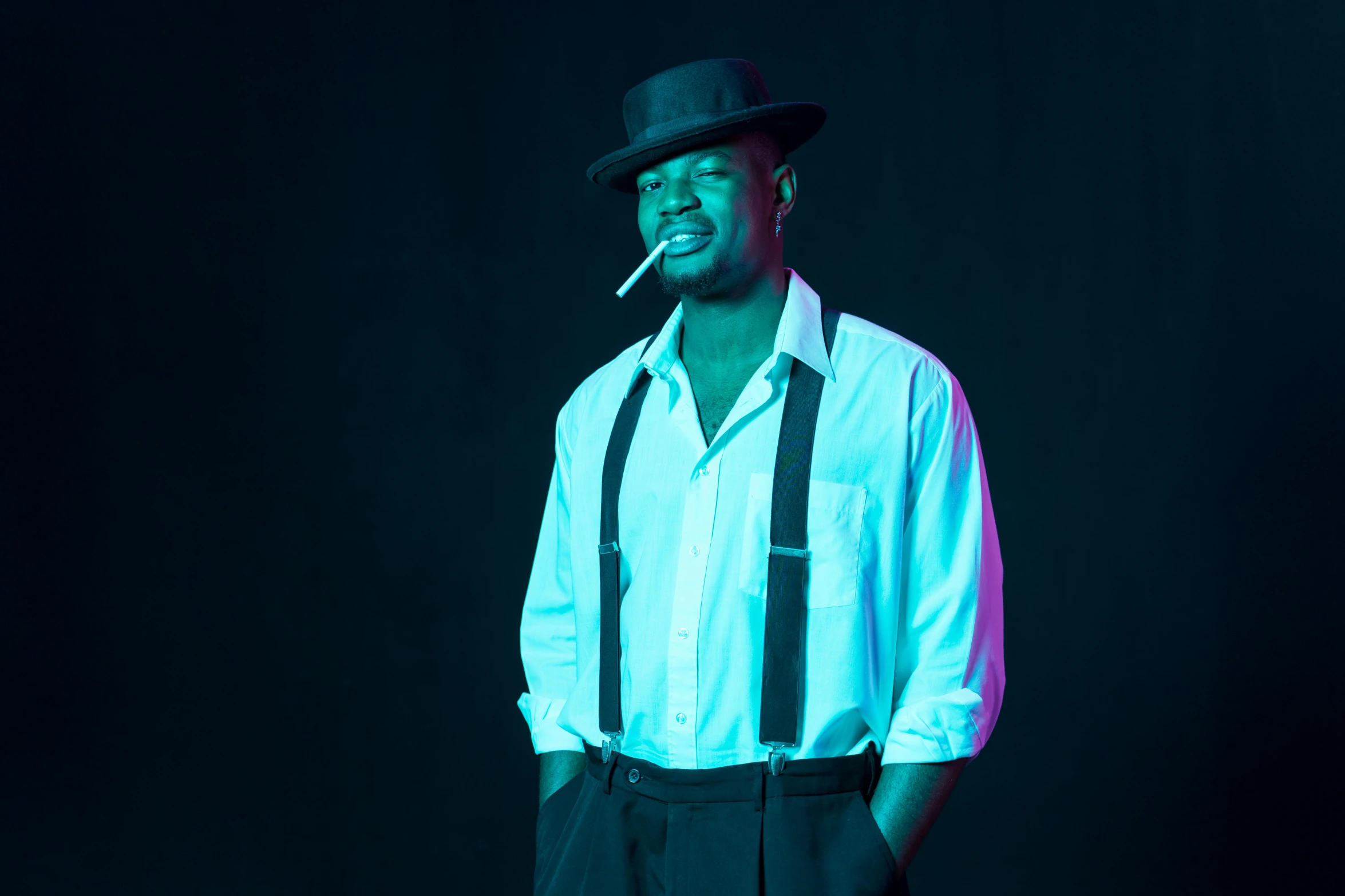 a man in a white shirt and tie smoking a cigarette, an album cover, inspired by Theo Constanté, unsplash, harlem renaissance, neon lighting medium full shot, character with a hat, yasuke 5 0 0 px models, performing on stage