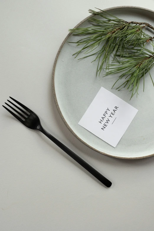 a white plate topped with a piece of paper next to a fork, by Nina Hamnett, unsplash, folk art, new years eve, square, modern minimalist f 2 0 clean, black