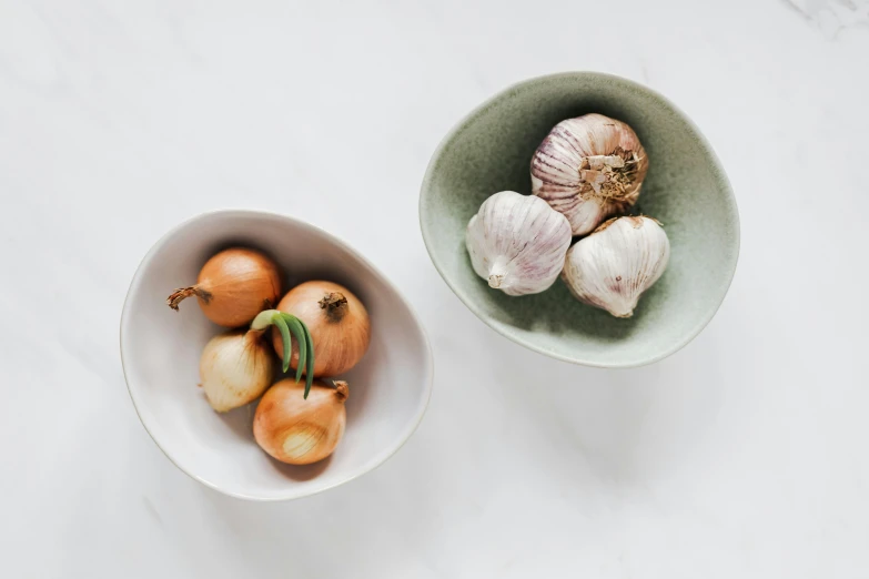 a bowl of onions and a bowl of garlic, inspired by Masamitsu Ōta, trending on unsplash, renaissance, organic ceramic white, high quality product photo, front and center, veggies