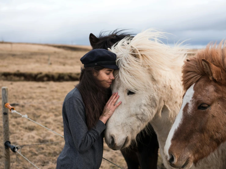 a woman standing next to two horses in a field, pexels contest winner, touching heads, nina tryggvadottir, 🦩🪐🐞👩🏻🦳, a cozy