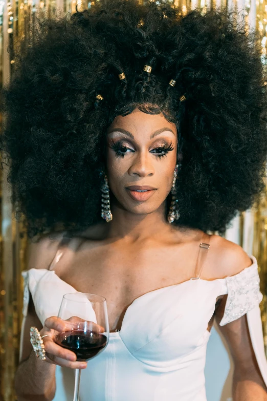 a woman in a white dress holding a glass of wine, an album cover, trending on pexels, renaissance, ru paul\'s drag race, headshot photo, sza, black velvet