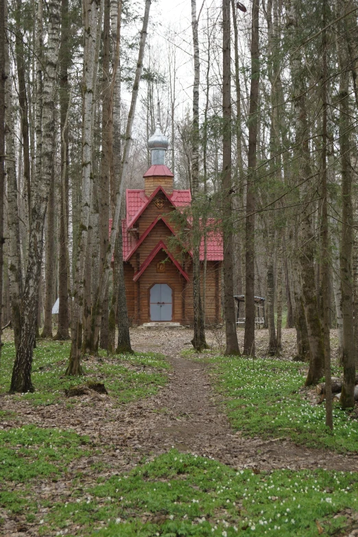 a small church in the middle of a forest, inspired by Ivan Shishkin, flickr, renaissance, cottagecore hippie, candy forest, wooden toilets, mid shot photo