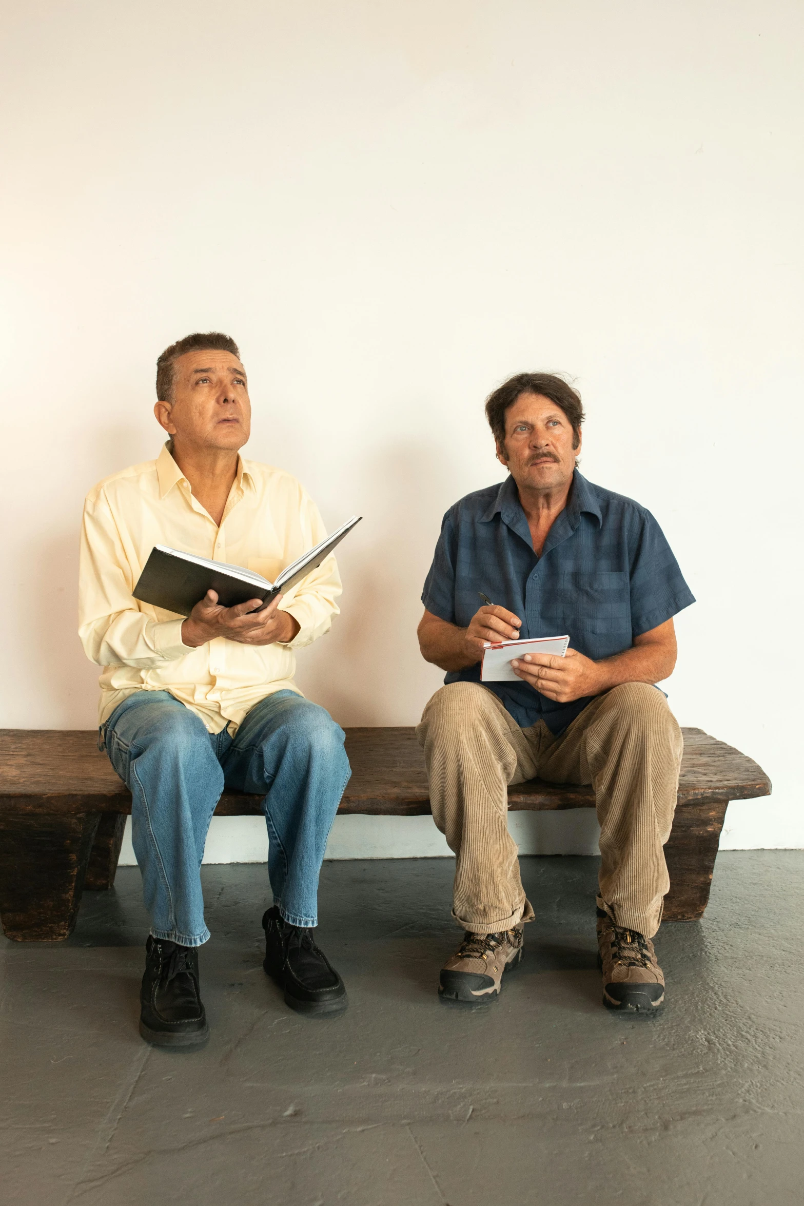 two men sitting next to each other on a bench, a portrait, by Gavin Hamilton, duane hanson, field notes, profile image, mexico