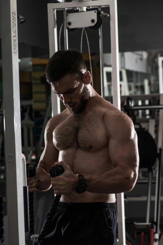 a shirtless man working out in a gym, by Sam Black, pexels contest winner, hairy chest and hairy body, pulling strings, liam brazier, two muscular men entwined