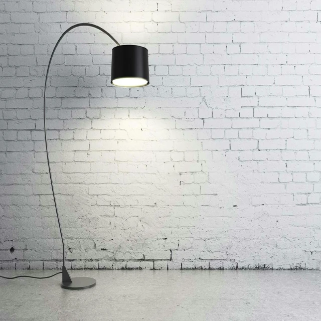 a floor lamp in front of a white brick wall, pexels contest winner, curving black, halogen, electrical, tall ceiling