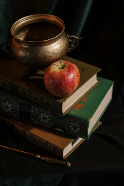 an apple sitting on top of a stack of books, a still life, inspired by Franz Stuck, unsplash, renaissance, orientalist, copper and emerald, medium close up, david kassan