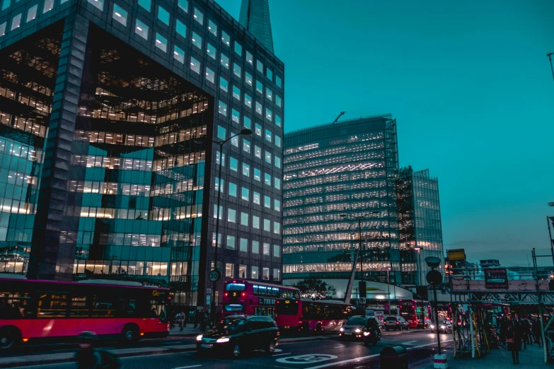 a red bus driving down a street next to tall buildings, a screenshot, by Jay Hambidge, pexels contest winner, teal lights, square, grey, stacked image