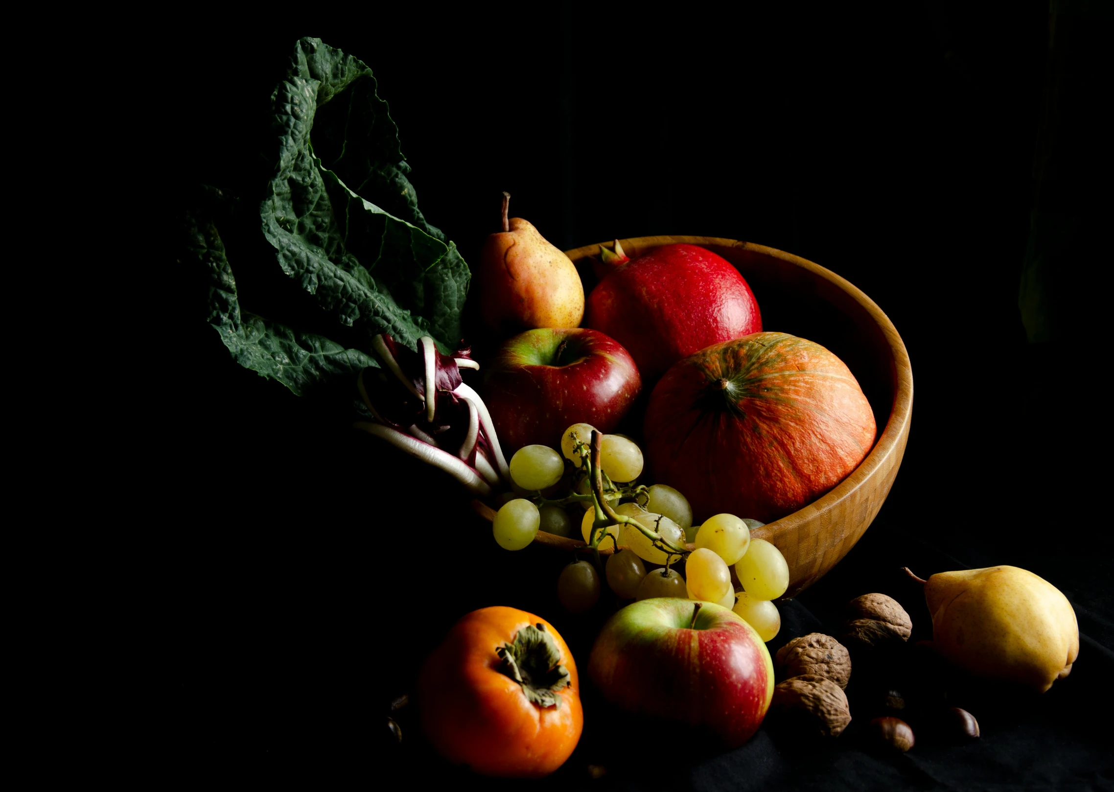 a wooden bowl filled with fruit and vegetables, a still life, inspired by Michelangelo Merisi da Caravaggio, unsplash, shot on hasselblad, slide show, underlit, festive