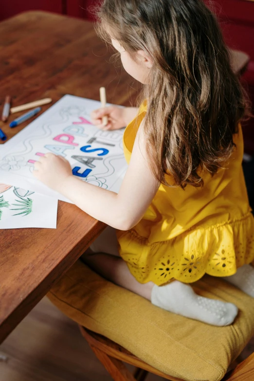 a little girl that is sitting at a table, a child's drawing, lady using yellow dress, colouring page, poster colour on canvas, banner